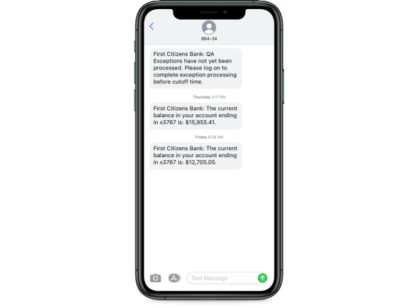 mobile phone screen showing a sample text from First Heritage Crest updating a user on their account balance